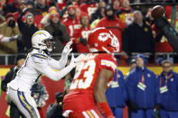 Kansas City Chiefs cornerback Kendall Fuller (23) watches as Los Angeles Chargers wide receiver Mike Williams (81) makes a two-point conversion catch to win the game during the second half of an NFL football game in Kansas City, Mo., Thursday, Dec. 13, 2018. The Los Angeles Chargers won 29-28. (AP Photo/Charlie Riedel)