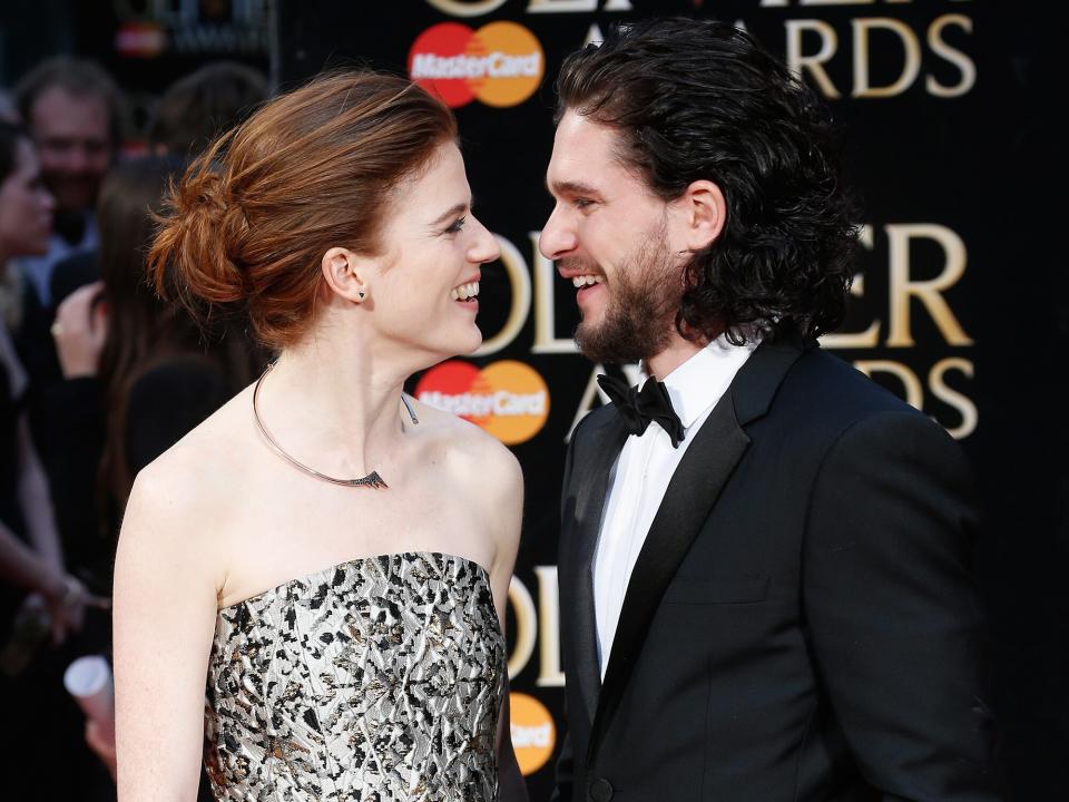 Rose Leslie and Kit Harington attend The Olivier Awards with Mastercard at The Royal Opera House on April 3, 2016 in London, England