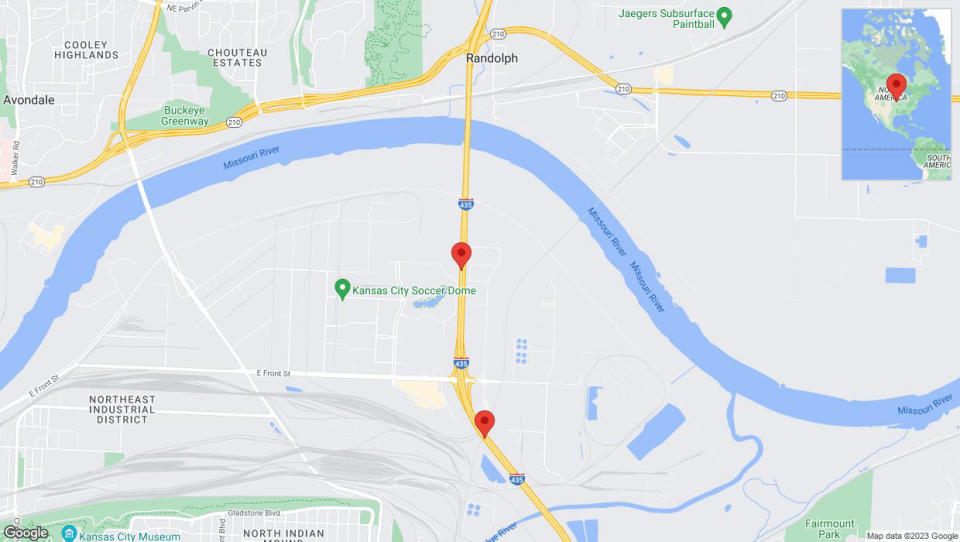A detailed map that shows the affected road due to 'Warning: Crash on southbound I-435 in Kansas City' on December 27th at 7:20 p.m.