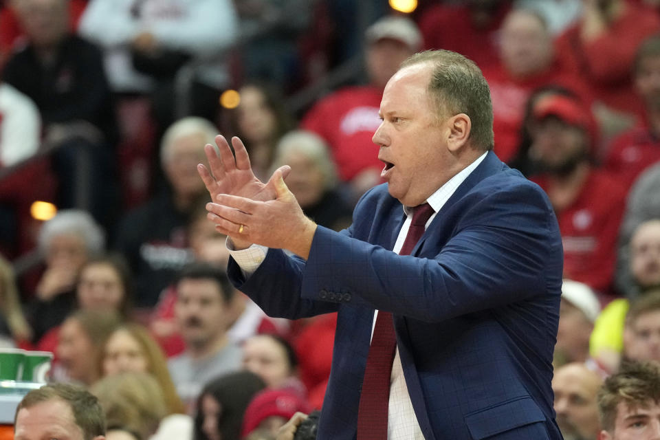 Jan 6, 2024; Madison, Wisconsin, USA; Wisconsin Badgers head coach Greg Gard reacts to a foul call during the first half against the Wisconsin Badgers at the Kohl Center. Mandatory Credit: Kayla Wolf-USA TODAY Sports