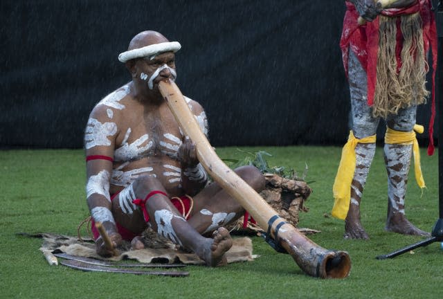 The Princess Royal is welcomed by Australian Aboriginal performers during the opening ceremony of the Royal Agricultural Society of New South Wales Bicentennial Sydney Royal Easter Show in Sydney, on day one of the royal trip to Australia on behalf of the Queen, in celebration of the Platinum Jubilee 