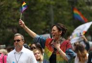 <p>To celebrate Pride in San Francisco, the then-Democratic presidential candidate made clear her support and celebration of the LGBTQ+ community in a rainbow-flag, sequin-bedazzled, denim jacket. </p>