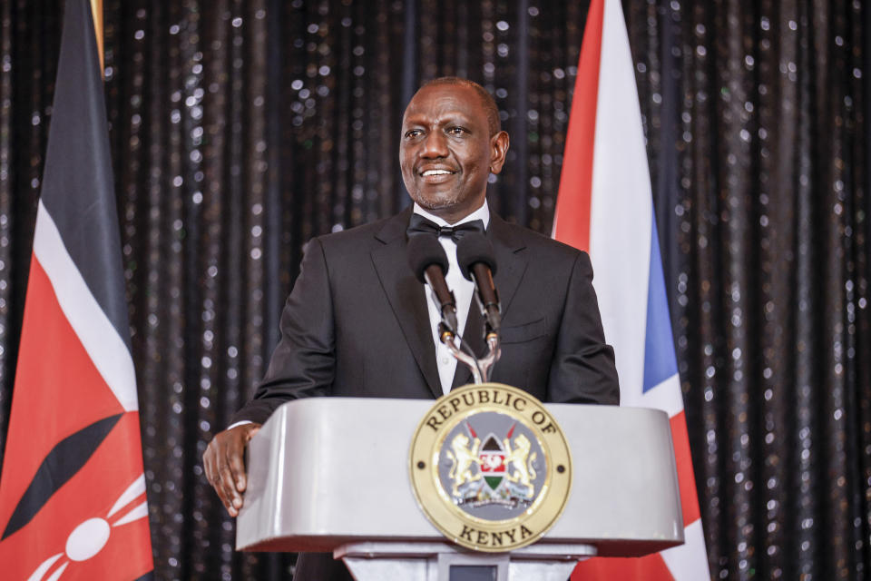 Kenyan President William Ruto delivers his speech during the State Banquet at the State House in Nairobi, Kenya, Tuesday Oct. 31, 2023. (Luis Tato/Pool via AP)