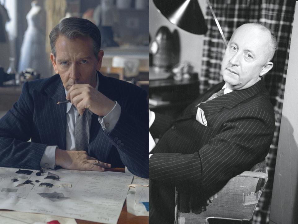 Ben Mendelsohn as Christian Dior in "The New Look"; the real fashion designer, photographed in 1955.