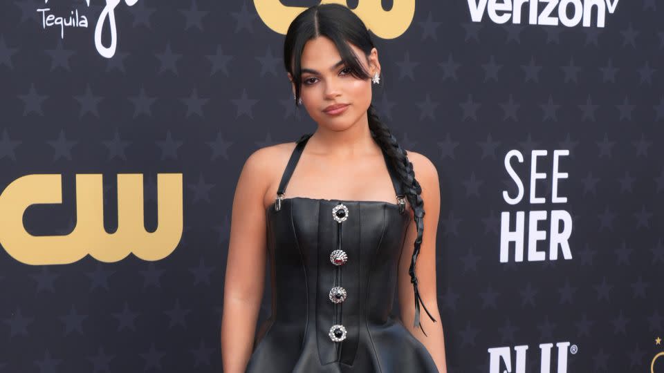 “Barbie” star Ariana Greenblatt wore a double-layered silk Louis Vuitton dress with bustier leather top and suspenders. - Jordan Strauss/Invision/AP