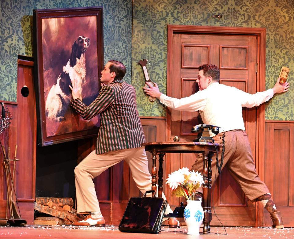 From left, Joseph Campbell and Jason Bias star in Lyric Theatre's production of "The Play That Goes Wrong." Performances of the uproarious comedy continue through April 23 at the Plaza Theatre.