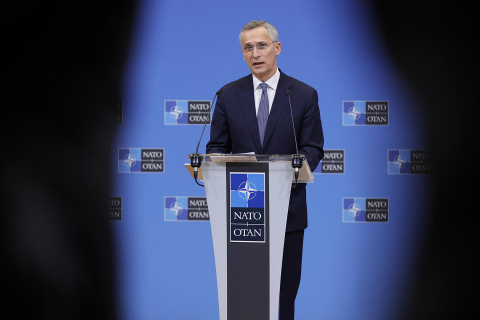 NATO Secretary General Jens Stoltenberg speaks during a media conference after a meeting of the NATO-Russia Council at NATO headquarters, in Brussels, Wednesday, Jan. 12, 2022. (AP Photo/Olivier Matthys)