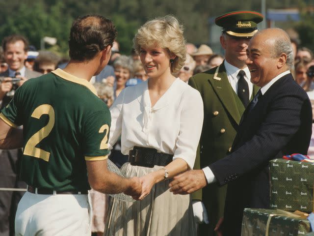 <p>Jayne Fincher/Princess Diana Archive/Getty</p> Princess Diana, Prince Charles, and Mohamed Al-Fayed during the Harrods Polo Cup at Smith's Lawn in Windsor, UK, July 1987.