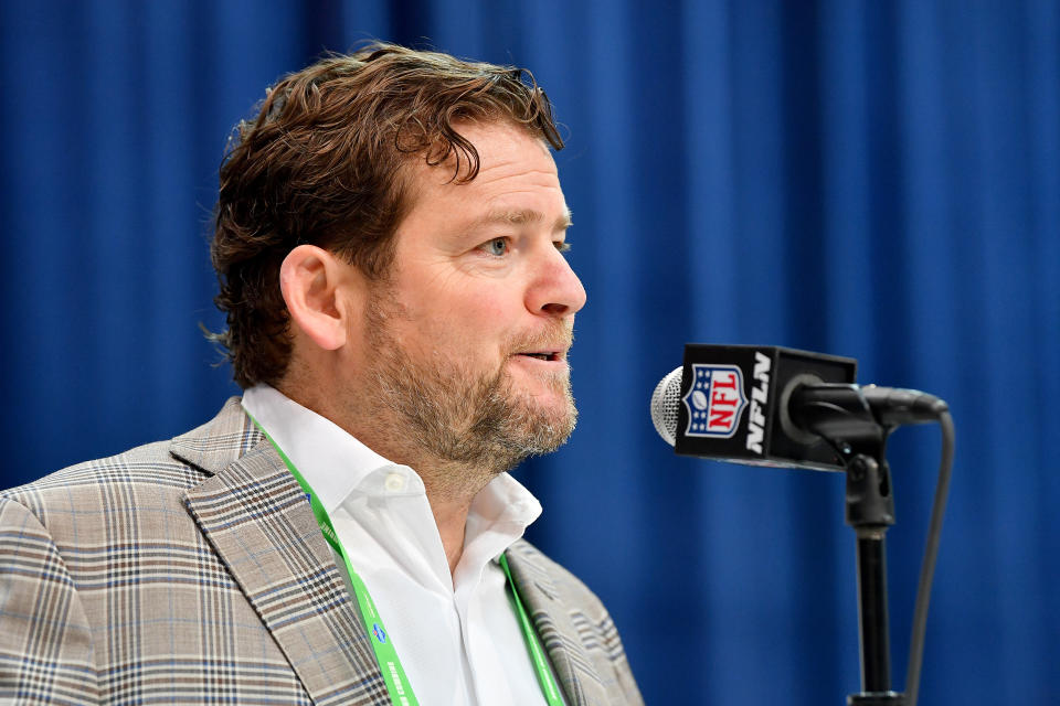 INDIANAPOLIS, INDIANA - FEBRUARY 25: General Manager John Schneider of the Seattle Seahawks interviews during the first day of the NFL Scouting Combine at Lucas Oil Stadium on February 25, 2020 in Indianapolis, Indiana. (Photo by Alika Jenner/Getty Images)