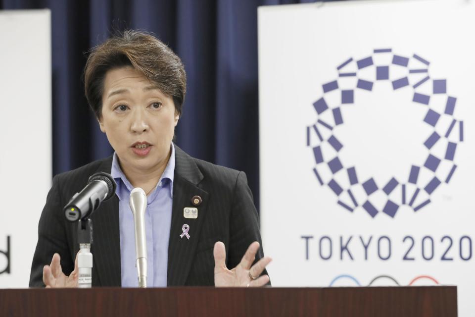 Japan's Olympics Minister Seiko Hashimoto speaks during a press conference at the cabinet office in Tokyo, on Sept. 19, 2019. Japan's Kyodo news agency, citing a source “familiar with the matter,” said Wednesday, Feb. 17, 2021, a selection committee will ask Hashimoto to become the new president of the Tokyo Olympic organizing committee. Hashimoto, who could be named this week, would replace Yoshiro Mori who was forced to resign last week after he made demeaning comments about women — basically saying they talk too much.(Kyodo News via AP)