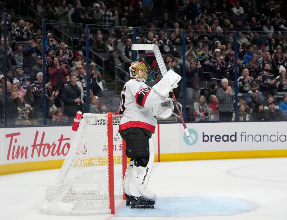 Dec. 1, 2023; Columbus, Ohio, USA; 
Ottawa Senators goaltender Joonas Korpisalo (70), a former Columbus Blue Jackets player, is cheered by fans as he is announced during the first period of FridayÕs hockey game at Nationwide Arena.