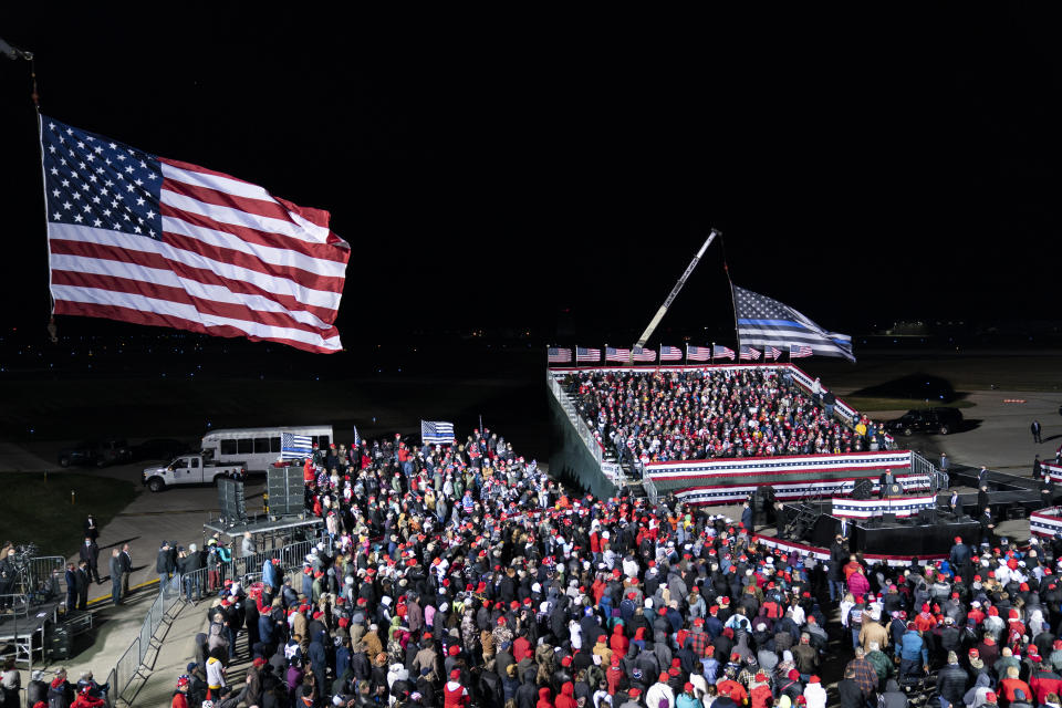 President Donald Trump speaks during a campaign rally at Southern Wisconsin Regional Airport, Saturday, Oct. 17, 2020, in Janesville, Wis. (AP Photo/Alex Brandon)