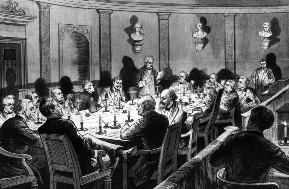 Black and white drawing of men around a table