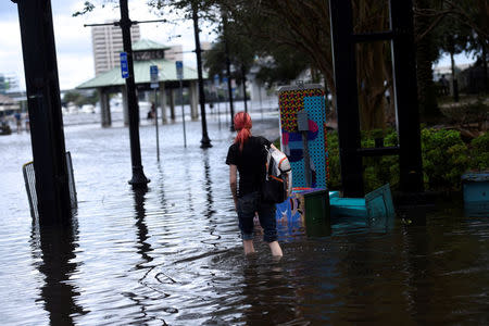 A woman walks barefoot through floodwaters after Hurricane Irma in Jacksonville, Florida U.S. September 11, 2017. REUTERS/Mark Makela