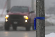 A ribbon attached to a pole is seen outside Perry Middle School, Thursday, Jan. 25, 2024, in Perry, Iowa. Middle school students returned to classes Thursday for the first time since a high school student opened fire in a shared cafeteria, killing two people and injuring six others. (AP Photo/Charlie Neibergall)