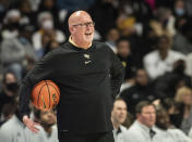 Wake Forest head coach Steve Forbes disputes a call in the first half of an NCAA college basketball game against North Carolina, Saturday, Jan. 22, 2022, in Winston-Salem, N.C. (Allison Lee Isley/The Winston-Salem Journal via AP)