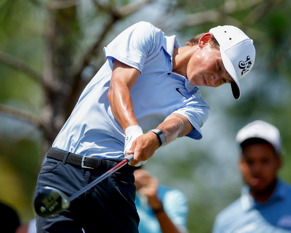 Miles Russell of Jacksonville Beach connects with a tee shot during the second round of the Korn Ferry Tour's LECOM Suncoast Classic on Friday at the Lakewood National Commander Course.