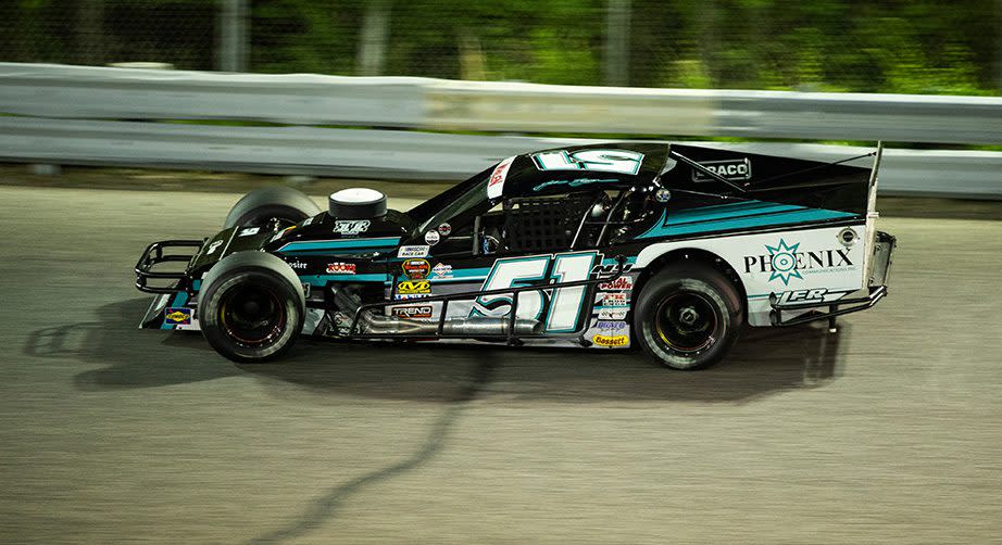 #51 Justin Bonsignore, driver of the Phoenix Communications Inc. Chevrolet during the NASCAR Whelen Modified Tour Jersey Shore 150 on May 18, 2019 at Wall Stadium Speedway in Wall Township, New Jersey.