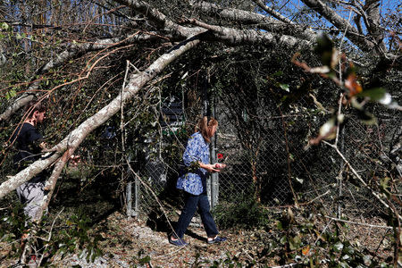 FILE PHOTO: Bertie Broaddus, a manager of the Bear Creek Feline Center, walks through the damage caused by Hurricane Michael at the Feline Center in Panama City, Florida, U.S. October 12, 2018. REUTERS/Terray Sylvester/File Photo