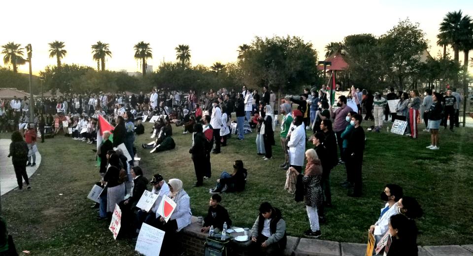 Crowd is seen gathered at Sunday, Dec. 3, 2023 at Eastlake Park in Phoenix during a pro-Palestine rally.