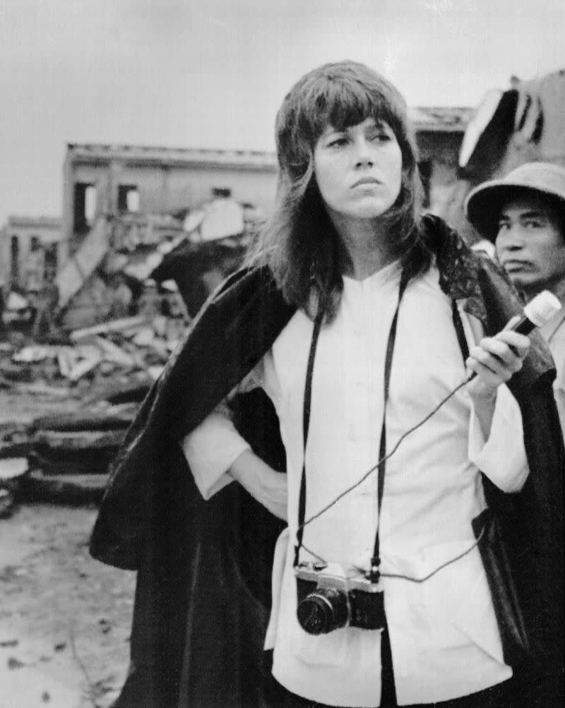 <p> Fonda visits the Nai Ba Trung district in Hanoi during the Vietnam War. While Fonda stands by her anti-war sentiments, she does regret alienating soldiers after a picture of her atop a Vietnamese weapon angered them. Supporters of the war dubbed her &quot;Hanoi Jane&quot; to mock her activism. </p>