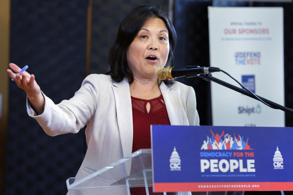 Julie Su, Acting Labor Secretary, speaks during an impromptu appearance at the "Democracy for the People" tour, a race and democracy summit sponsored by the Congressional Black Caucus, Wednesday, July 28, 2023, in Houston. (AP Photo/Michael Wyke)