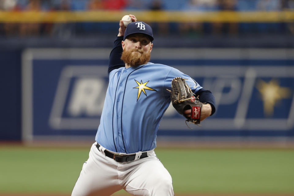 Tampa Bay Rays starting pitcher Drew Rasmussen throws to a Los Angeles Angels batter during the first inning of a baseball game Thursday, Aug. 25, 2022, in St. Petersburg, Fla. (AP Photo/Scott Audette)