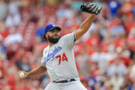 Los Angeles Dodgers' Kenley Jansen throws during the ninth inning of a baseball game against the Cincinnati Reds in Cincinnati, Saturday, Sept. 18, 2021. The Dodgers won 5-1. (AP Photo/Aaron Doster)