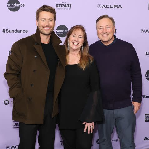 <p>Dia Dipasupil/Getty</p> Glen Powell, Cyndy Powell and and Glen Powell Sr. at Sundance on Jan. 22, 2024.