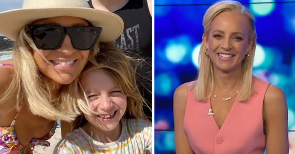 L: Carrie Bickmore in sunglasses, a bikini and hat with her daughter. R: Carrie Bickmore on the set of The Project
