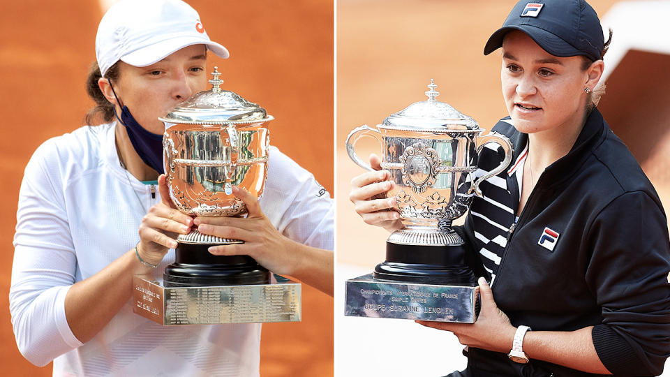 Iga Swiatek and Ash Barty, pictured here after winning the French Open titles in 2020 and 2019.