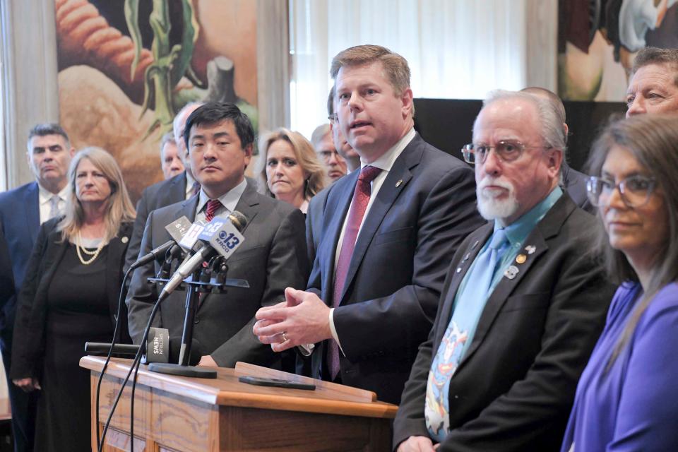 House Speaker Dean Plocher addresses reporters in a press conference before the start of the final day of the 2024 legislative session.