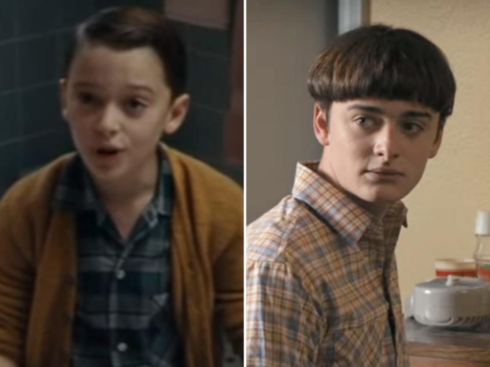 left: a very young noah schnapp wearing a blue shirt and brown cardigan in bridge of spies; right: noah schnapp an older teenager in stranger things, wearing a yellow checkered shirt and with bowl cut hair