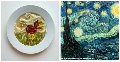 thanksgiving food plated to look like Van Gogh's starry night