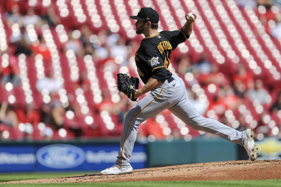 Pittsburgh Pirates' Connor Overton throws during the first inning of a baseball game against the Cincinnati Reds in Cincinnati, Monday, Sept. 27, 2021. (AP Photo/Aaron Doster)