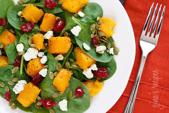 <strong>Get the <a href="http://www.skinnytaste.com/2011/09/baby-spinach-salad-with-honey-roasted.html" target="_blank">Baby Spinach Salad with Honey Roasted Butternut Squash, Pumpkin Seeds, Gorgonzola and Dried Cherries Recipe</a> by Skinny Taste</strong>