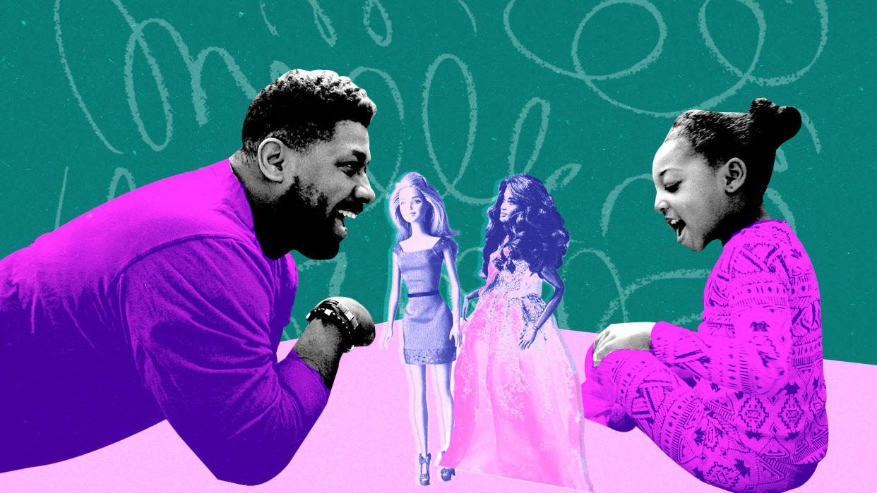 Dads are into Barbie, too. Here's why. (Image: Getty; illustration by Aisha Yousaf ; Photo: Getty Images)