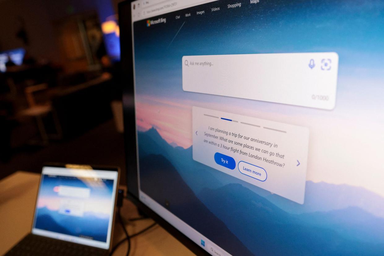 Microsoft Bing search engine in pictured on a monitor in the Bing Experience Lounge during an event introducing a new AI-powered Microsoft Bing and Edge at Microsoft in Redmond, Washington on February 7, 2023.