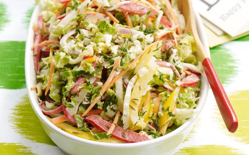 <p>Bobby Flay</p><p>Bobby Flay says this coleslaw is great with just about any main dish.</p><p><strong>Get the recipe: </strong><a href="https://parade.com/19401/bobbyflay/coleslaw-with-creamy-cumin-lime-dill-vinaigrette/" rel="nofollow noopener" target="_blank" data-ylk="slk:Coleslaw with Creamy Cumin-Lime-Dill Vinaigrette;elm:context_link;itc:0;sec:content-canvas" class="link ">Coleslaw with Creamy Cumin-Lime-Dill Vinaigrette</a></p>