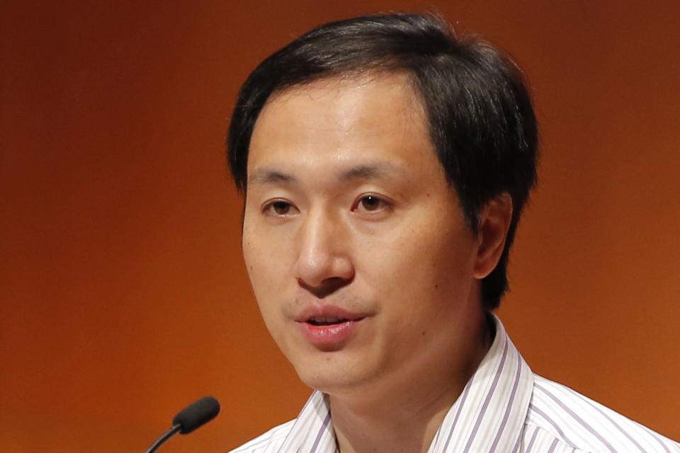 FILE - In this Nov. 28, 2018, file photo, He Jiankui, a Chinese researcher, speaks during the Human Genome Editing Conference in Hong Kong, where he made his first public comments about his claim to have helped make the world's first gene-edited babies. Chinese state media says the researcher He has been sentenced to three years for practicing medicine illegally. He Jiankui was also fined 3 million yuan. Two others were also sentenced on the same charge. (AP Photo/Kin Cheung, File)
