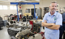 Joel Conner, Grant Manager & Supervisor of Hendry County Adult Learning, in the auto shop on Thursday, March 14 ,2024. Students get hands on education in the Automotive Mechanics Program that is offered as an alternative for adult education where students gain the necessary experience to receive certification and enter the local workforce after completion in Clewiston, Fla. (AP Photo/Chris Tilley)