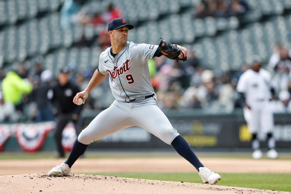 Detroit Tigers starting pitcher Jack Flaherty delivers a pitch against the Chicago White Sox during the first inning at Guaranteed Rate Field in Chicago, Illinois on Thursday, March 31, 2024.