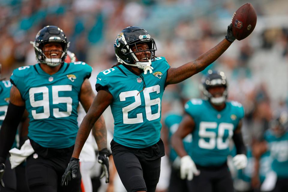 Jacksonville Jaguars cornerback Shaquill Griffin #26 reacts to picking up a fumble during the first quarter of a preseason NFL game Friday, Aug. 12, 2022 at TIAA Bank Field in Jacksonville. The Cleveland Browns defeated the Jacksonville Jaguars 24-13. [Corey Perrine/Florida Times-Union]