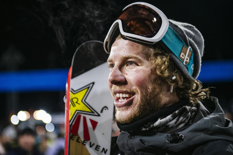 Aaron Blunk speaks during an interview at the X Games in Aspen, Colo., Friday, Jan. 24, 2020. American freestyle skier Aaron Blunck landed on the lip of the halfpipe a year ago while working on a switch double cork 1440. In the crash, he lacerated his kidney, broke ribs, fractured his pelvis and bruised his heart. (Kelsey Brunner/The Aspen Times via AP, File)