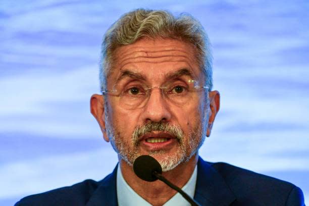 India’s foreign affairs minister Subrahmanyam Jaishankar speaks during a media briefing of the 23rd Indian Ocean Rim Association (IORA) g in Colombo on 11 October 2023 (AFP via Getty Images)