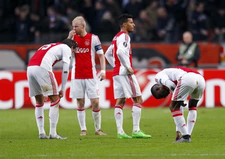 Football Soccer - Ajax Amsterdam vs Molde FK - Europa League group stage- group A -Amsterdam-Arena, Amsterdam, The Netherlands- 10/12/15-Ajax AmsterdamÃ¢â‚¬â„¢s Mitchell Dijks (L), Davy Klaassen (2nd L), Ricardo van Rhijn, and Riechedly Bazoer (R) react after their match against Molde FK.REUTERS/Michael Kooren