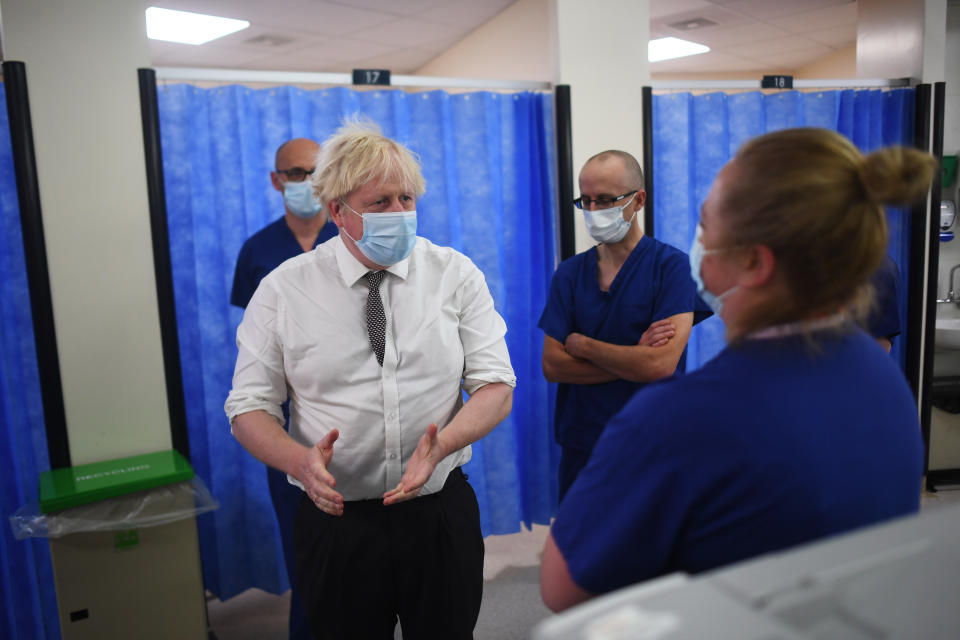 HEXHAM, ENGLAND - NOVEMBER 08: UK prime minister Boris Johnson meets with medical staff during a visit to Hexham General Hospital on November 8, 2021 in Hexham, England. (Photo by Peter Summers - WPA Pool/Getty Images)