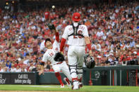 Cincinnati Reds' Joey Votto catches a ball hit by Atlanta Braves' Ronald Acuna Jr. during the fifth inning a baseball game in Cincinnati, Friday, July 1, 2022. (AP Photo/Aaron Doster)