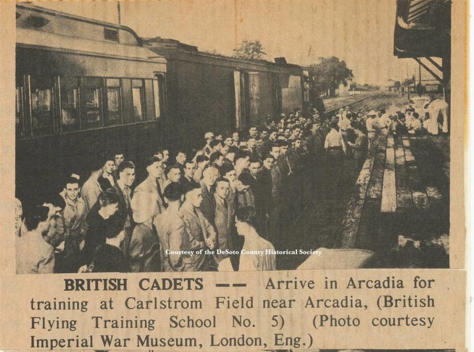 This newspaper clipping shows the day British cadets arrived in Arcadia for training.