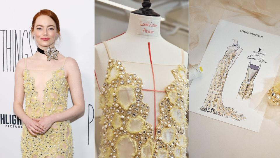 Emma Stone at the premiere of her new film, Poor Things; the custom Louis Vuitton dress seen in the atelier. (PHOTO: Getty Images; Louis Vuitton)